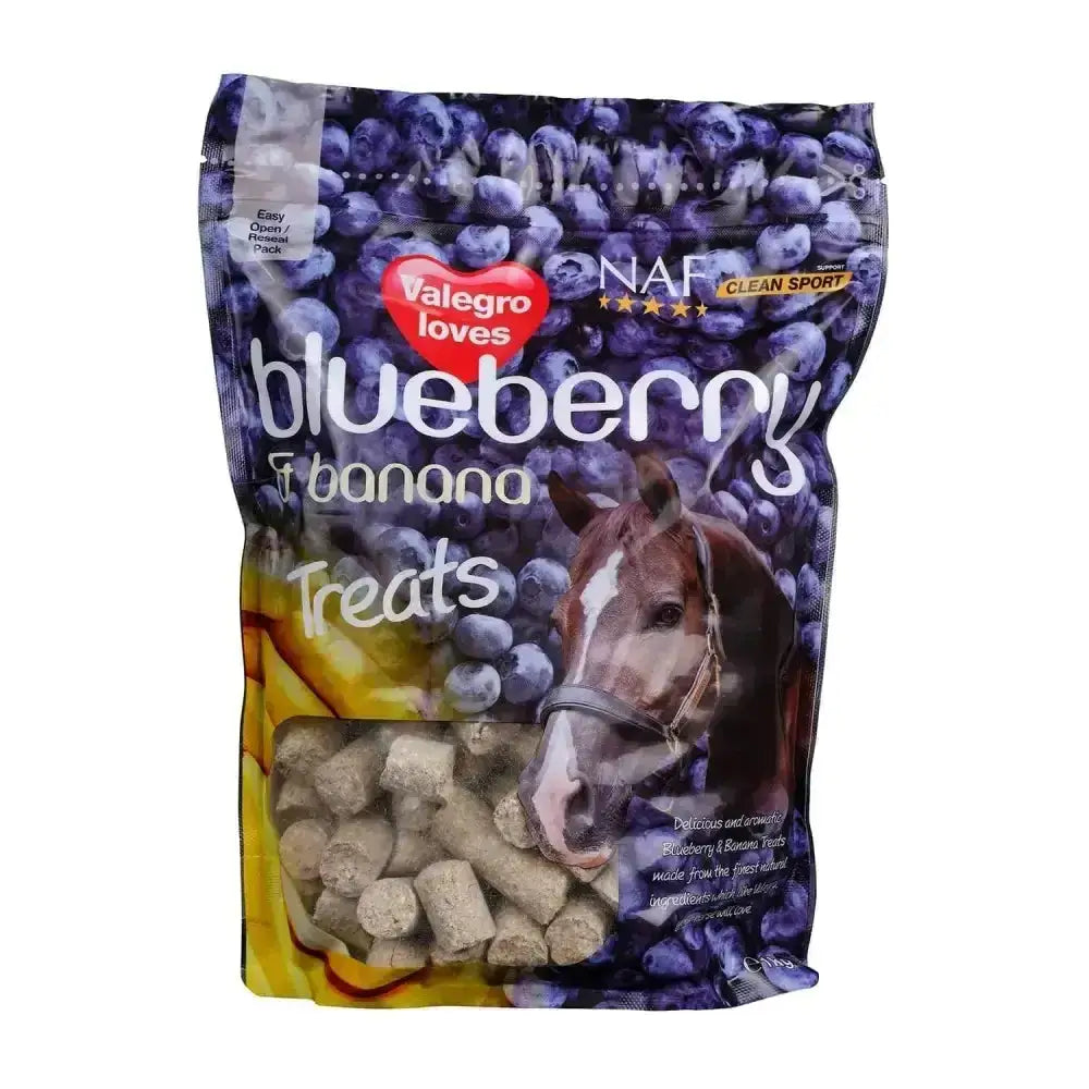 A bag of naf blueberry and banana treats in purple and yellow with a brown horse picture for horses