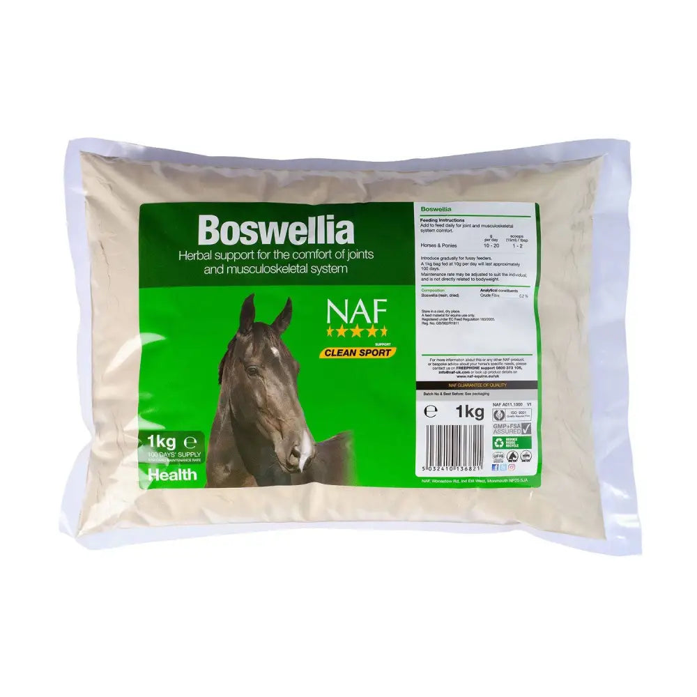 A 1kg clear bag of naf boswellia herbal powder with green horse label for equine joint supplements and horse health