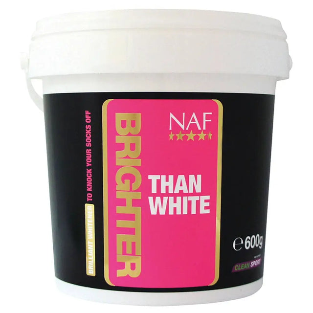 A white plastic bucket of naf brighter white whitener with a black label and bold pink and gold text for body whitening