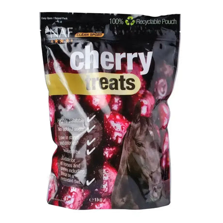 Black and yellow pouch of naf cherry treats with delicious horse treats made from best quality ingredients for horses
