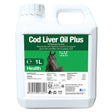 White plastic jug with green label cod liver oil plus for improved joint health horse supplement by naf cod liver oil