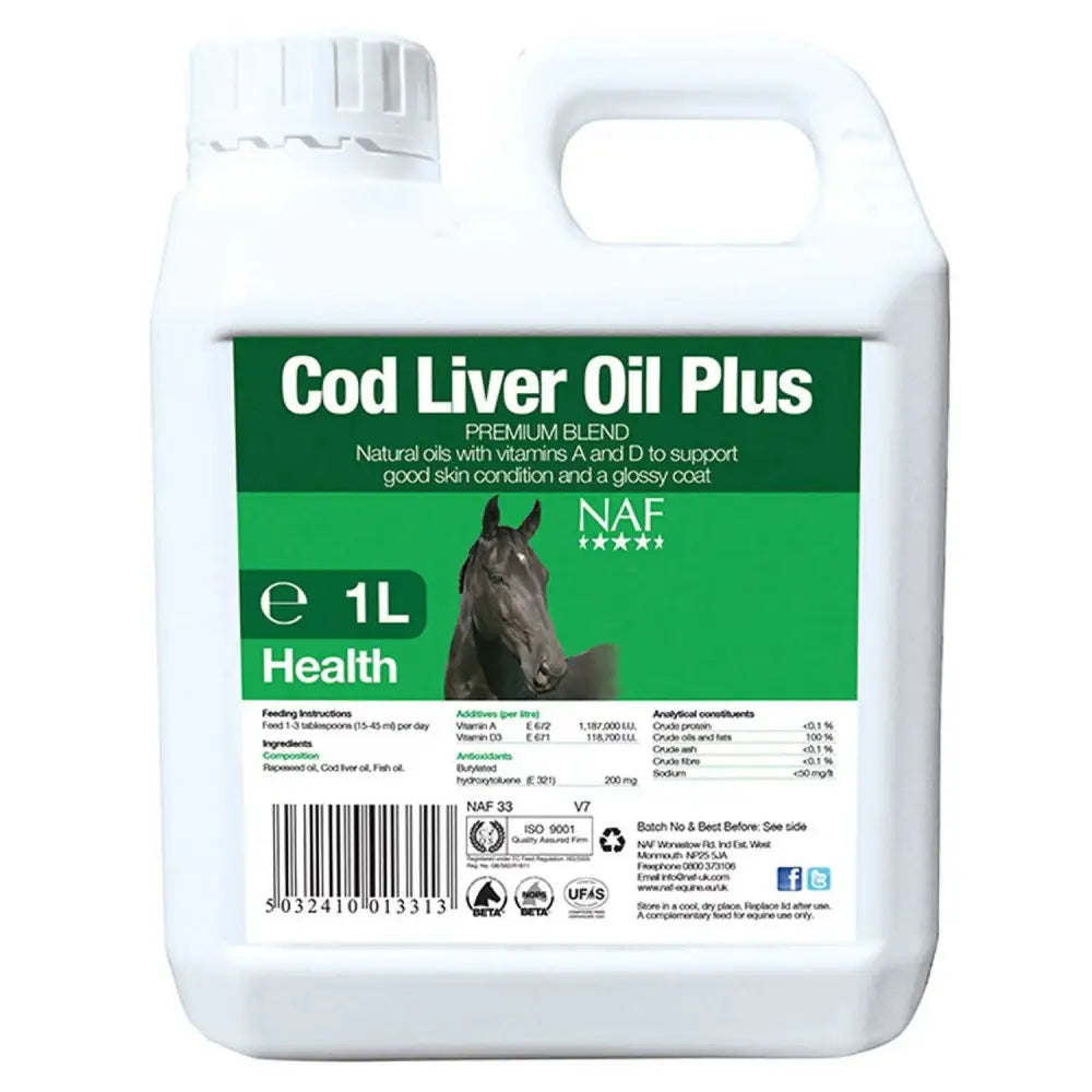 White plastic jug with green label cod liver oil plus horse image naff cod liver oil horse supplement for improved joint health
