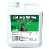 White plastic jug with green label cod liver oil plus horse image naff cod liver oil horse supplement for improved joint health