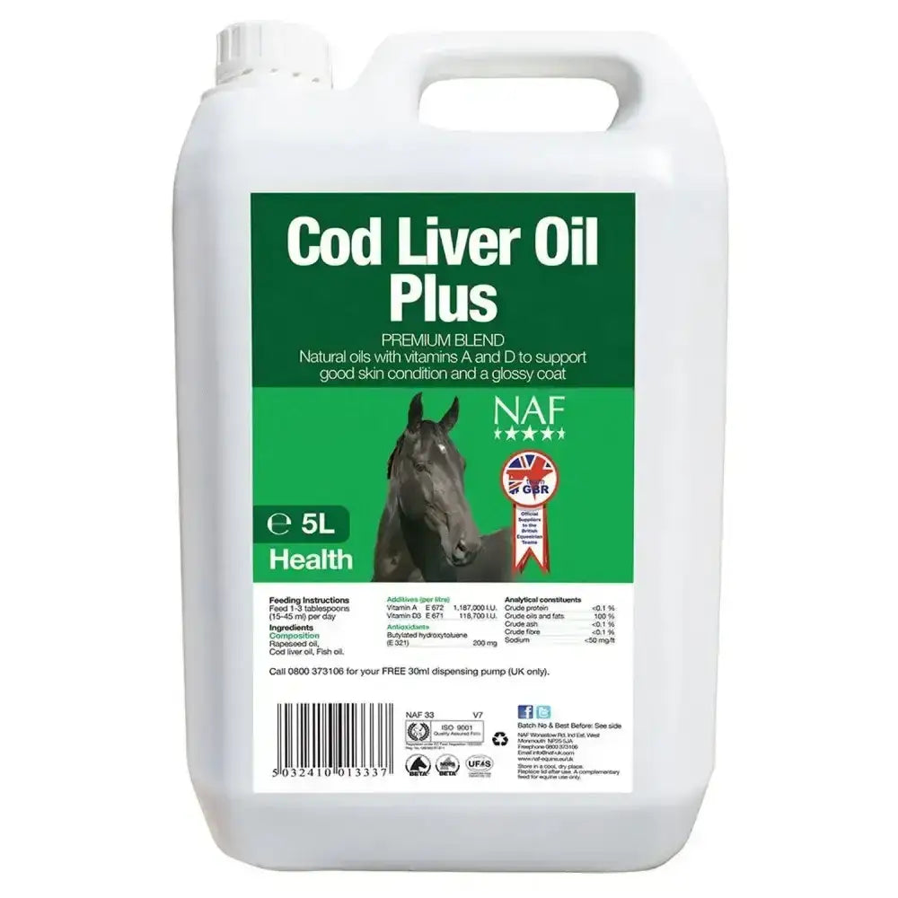 White plastic jug of naf cod liver oil horse supplement with vitamins a and d for improved joint health