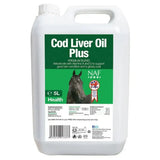 White plastic jug of naf cod liver oil horse supplement with vitamins a and d for improved joint health