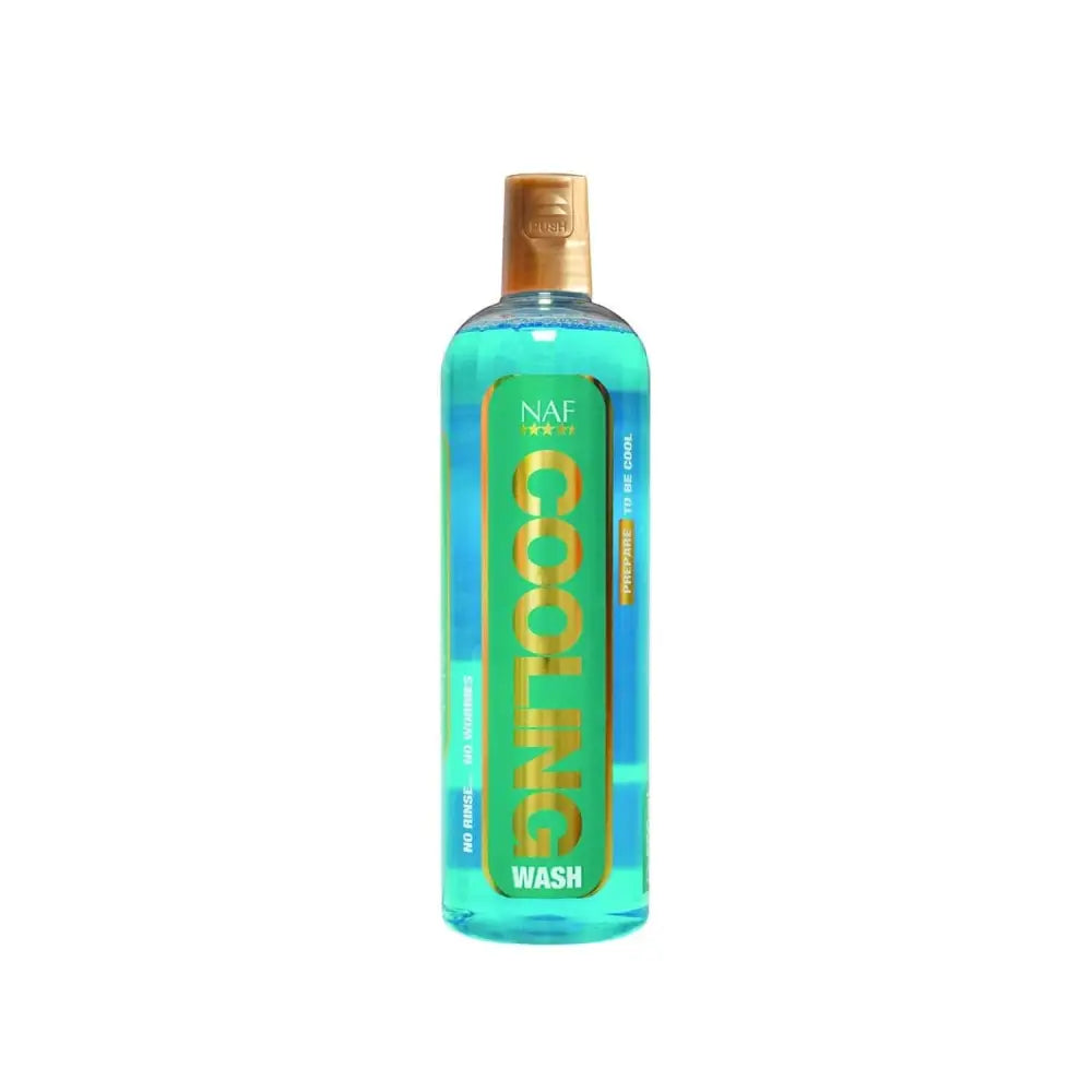 A translucent turquoise bottle of naf cooling wash with a gold cap and label for horse washes and naf cooling