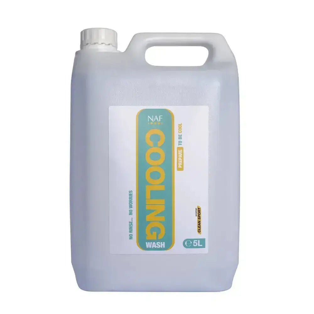 A translucent white 5-liter jug of naf cooling wash with teal and yellow label for horse washes and cooling