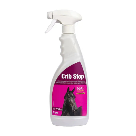 White plastic naf crib stop spray bottle with vibrant pink label and black horse for nasty tasting application