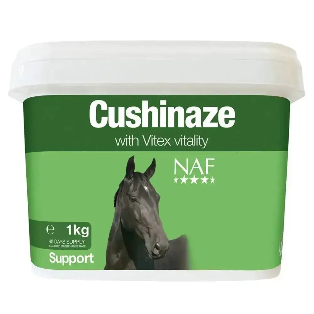 Green plastic tub of naf cushinaze with vitex vitality cushinaze horse supplement for pituitary gland stress featuring black horse image