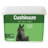 Green plastic tub of naf cushinaze with vitex vitality cushinaze horse supplement for pituitary gland stress featuring black horse image
