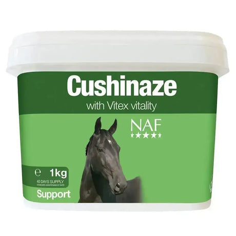 Green plastic tub of naf cushinaze with vitex vitality cushinaze horse supplement for pituitary gland stress featuring black horse image