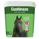 Green plastic tub of naf cushinaze horse supplement with vitex vitality for pituitary gland stress and a black horse illustration