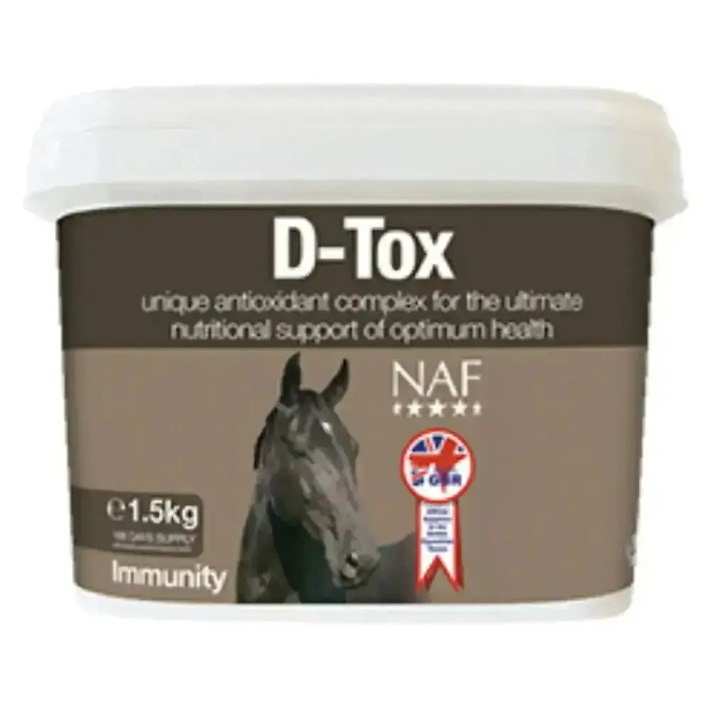 Brown and white plastic tub of naf d-tox horse supplement with black horse label featuring naturally sourced anti-oxidants