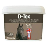 Brown and white plastic tub of naf d-tox horse supplement with black horse label featuring naturally sourced anti-oxidants