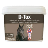Brown and white plastic tub of naf d-tox horse supplement with black horse image promoting naturally sourced anti-oxidants