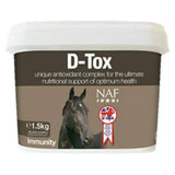 Brown and white plastic tub of naf d-tox horse supplement featuring black horse image with naturally sourced anti-oxidants