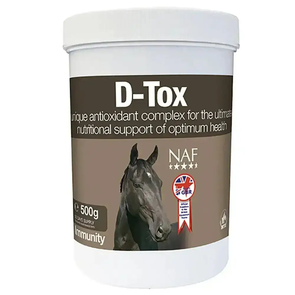 White cylindrical container of naf d-tox horse supplement with naturally sourced anti-oxidants for body’s natural equilibrium
