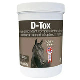 White cylindrical container of naf d-tox horse supplement with naturally sourced anti-oxidants for body’s natural equilibrium