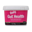 Pink and black labeled plastic container of naf daily gut powder to support digestive health for horses