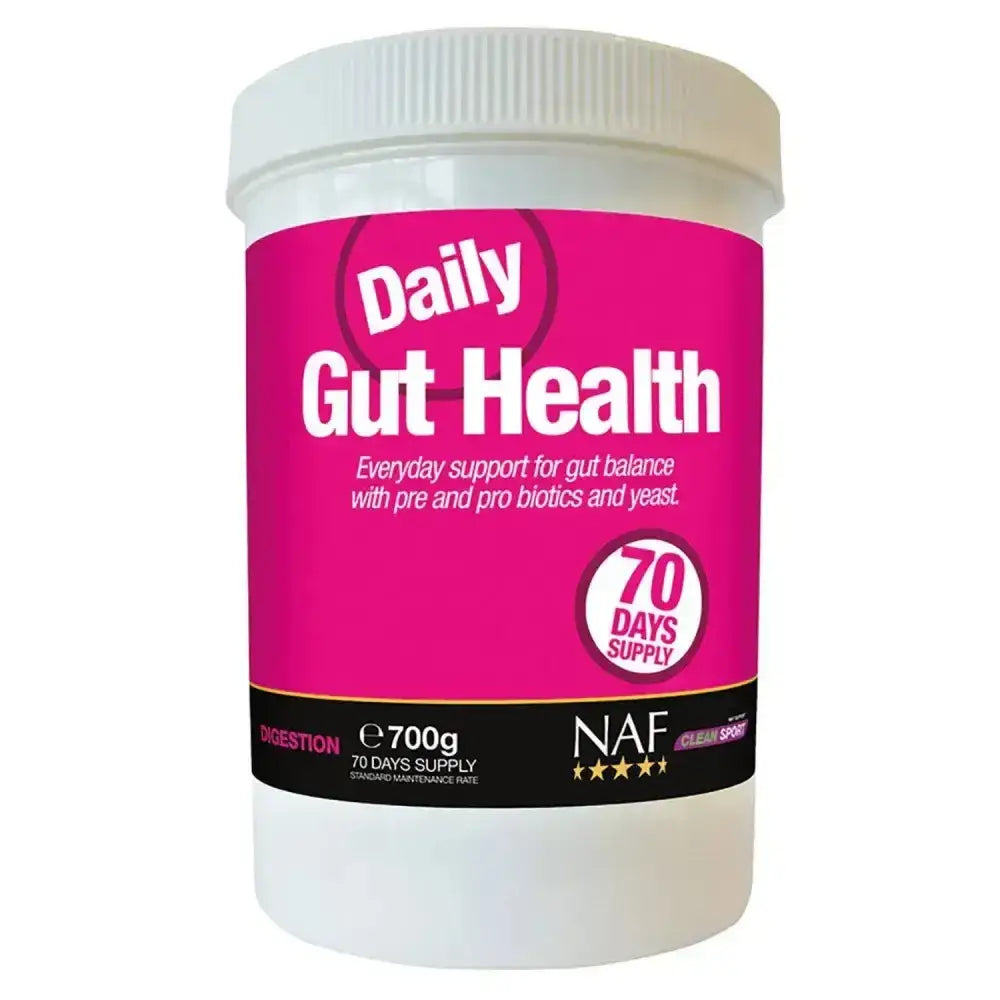 A vibrant pink and white naf daily gut powder container with clear plastic body and ribbed white cap to support digestive health
