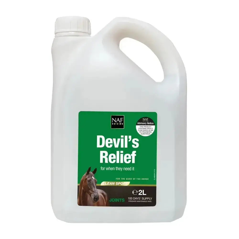 White plastic jug with green label featuring naf devil’s relief for equine joint supplements with devil’s claw