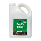 White plastic jug with green label featuring naf devil’s relief for equine joint supplements with devil’s claw