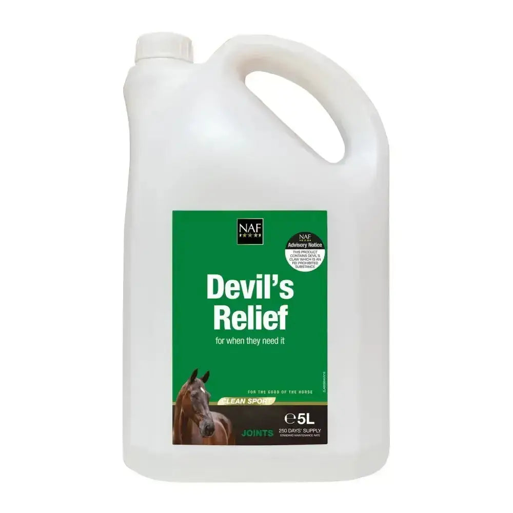 White plastic jug with green label of naf devils relief featuring a horse image for equine joint supplements with devil’s claw