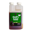 A 500ml transparent plastic bottle with white cap containing dark reddish-brown naf devil’s relief for equine joint supplements with devil’s claw