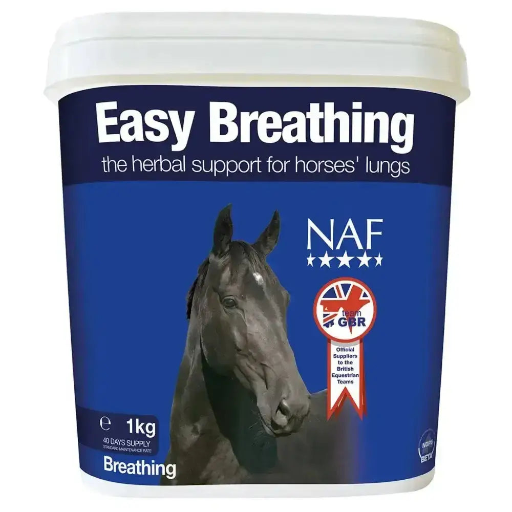 Blue plastic tub with white lid labeled naf easy breathing featuring a black horse and british equestrian team for respiratory stress
