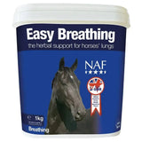 Blue plastic tub with white lid labeled naf easy breathing featuring a black horse and british equestrian team for respiratory stress