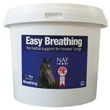 White plastic bucket with blue label showing naf easy breathing herbal support for horses lungs to reduce respiratory stress