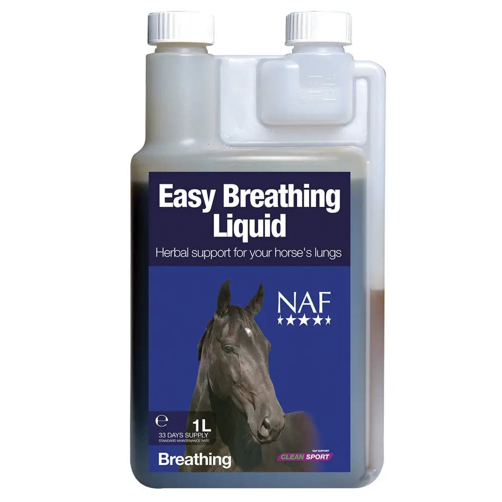 Transparent plastic naf easy breathing bottle with white cap labeled easy breathing liquid for breathing issues