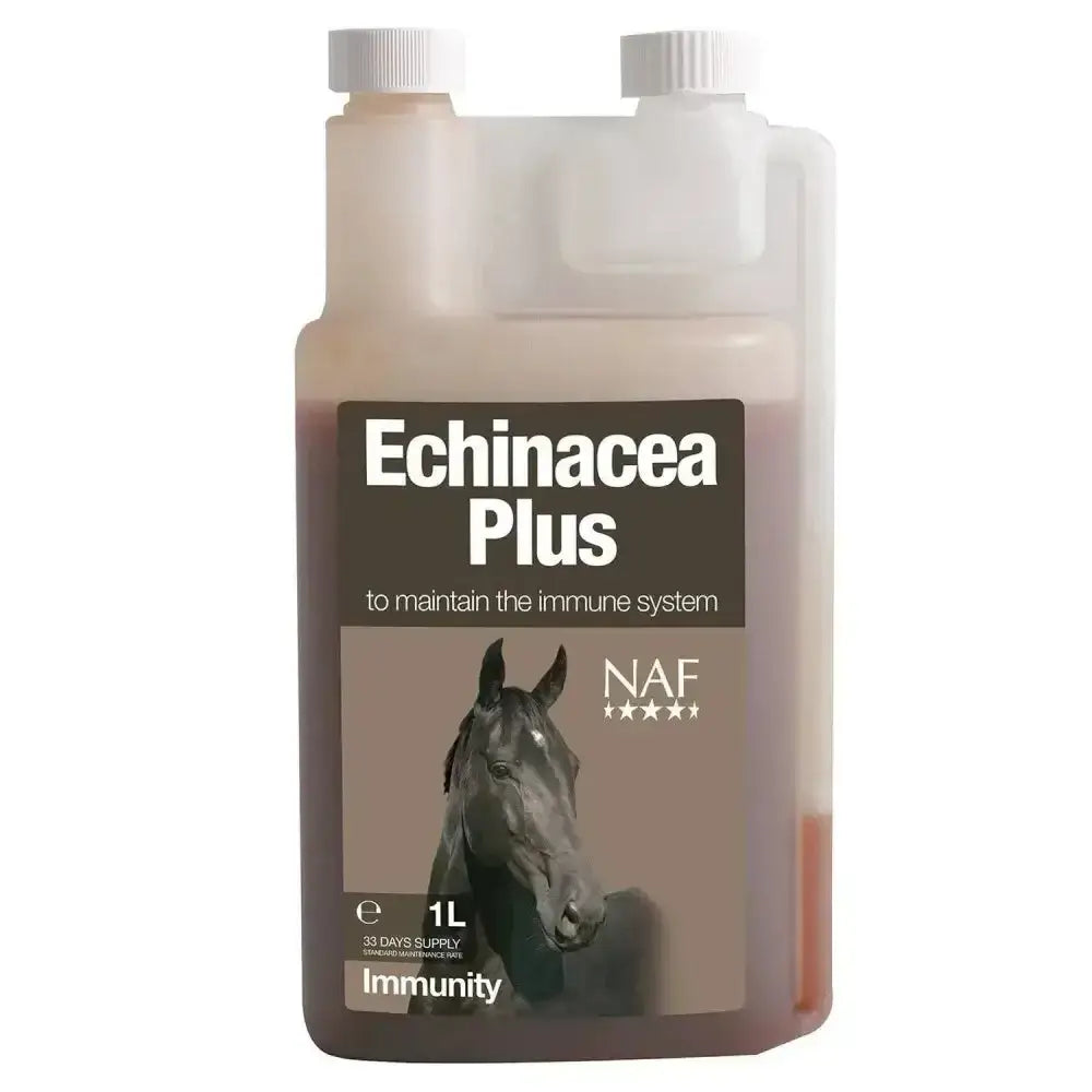 A 1-liter translucent plastic bottle of naf echinacea plus horse supplements with dark brown liquid and horse label