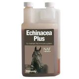 A 1-liter translucent plastic bottle of naf echinacea plus horse supplements with dark brown liquid and horse label