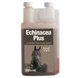 A 1 liter transparent plastic bottle of naf echinacea plus horse supplements with a white cap and brown horse label