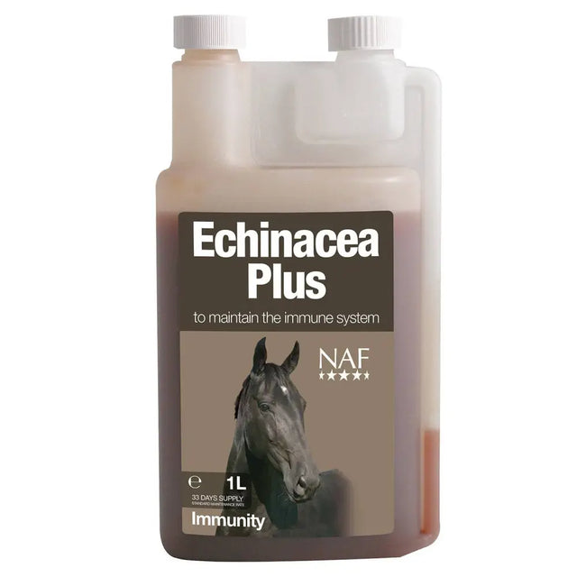 A 1 liter transparent plastic bottle of naf echinacea plus horse supplements with a white cap and brown horse label