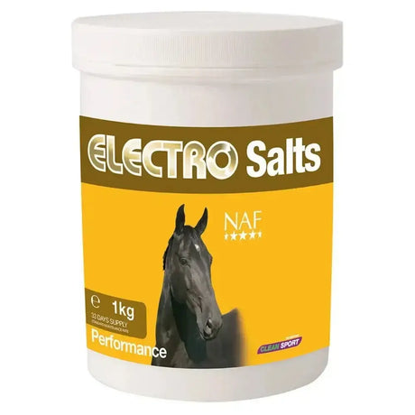 White plastic container of naf electro salts electrolytes with brown yellow label and black horse image for horses
