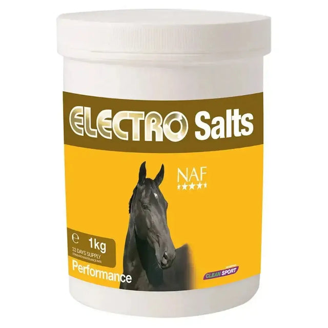 White plastic container of naf electro salts electrolytes with brown yellow label and black horse image for horses