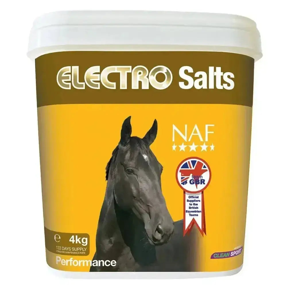 A yellow and brown plastic container of naf electro salts electrolytes for horses with a black horse illustration and four essential salts