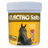 A white plastic container of naf electro salts traveller with a yellow label showing a black horse and 150g of four essential salts
