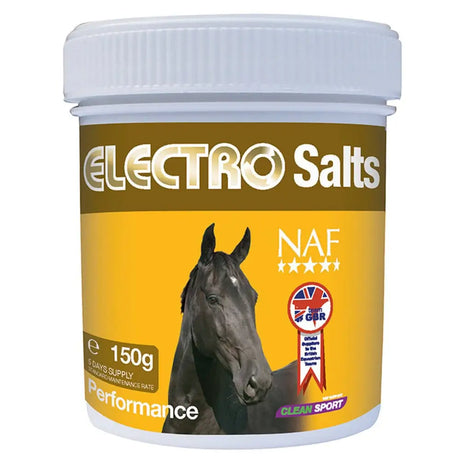 A white plastic container of naf electro salts traveller with a yellow label showing a black horse and 150g of four essential salts