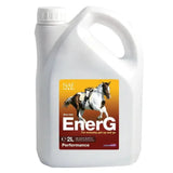 White plastic jug of naf energ liquid with orange label featuring a horse, veterinary approved liquid for hardworking equine athletes