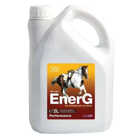 White plastic jug of naf energ liquid with orange label featuring a horse, veterinary approved liquid for hardworking equine athletes