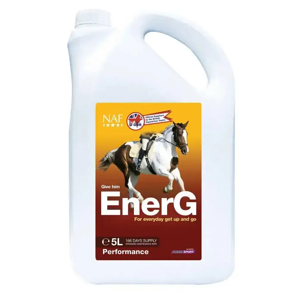 White plastic jug with handle labeled naf energ performance for fast acting veterinary approved liquid for hardworking equine athlete
