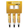 Three yellow and white naf energy shots syringe tubes in a yellow display holder for hardworking equine athletes