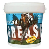 White plastic bucket of naf event grease with colorful horse and rider label for lasting barrier protection and event grease ease