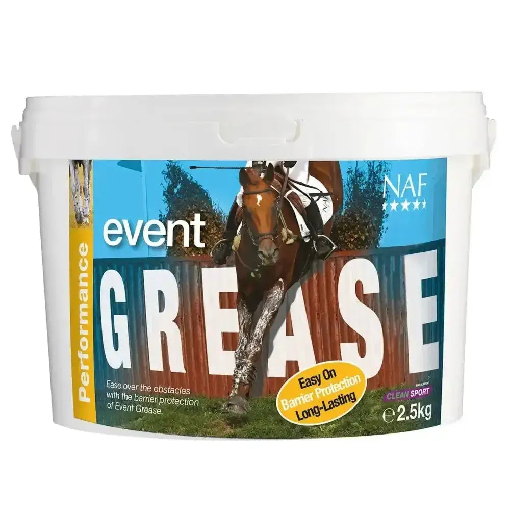 White plastic bucket of naf event grease 2.5kg with lasting barrier protection for easy horse performance over obstacles