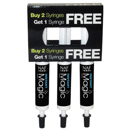 Three black naf five star instant magic syringes with white caps in a promo box offering free syringes bio-available magnesium combined