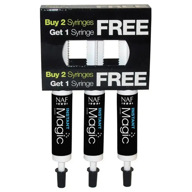 Three black naf five star instant magic syringes with white caps in a promo box offering free syringes bio-available magnesium combined