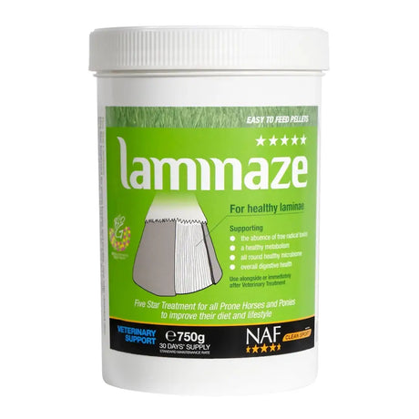 A white plastic container of naf five star laminaze with a green label and horse hoof illustration for hoof supplements